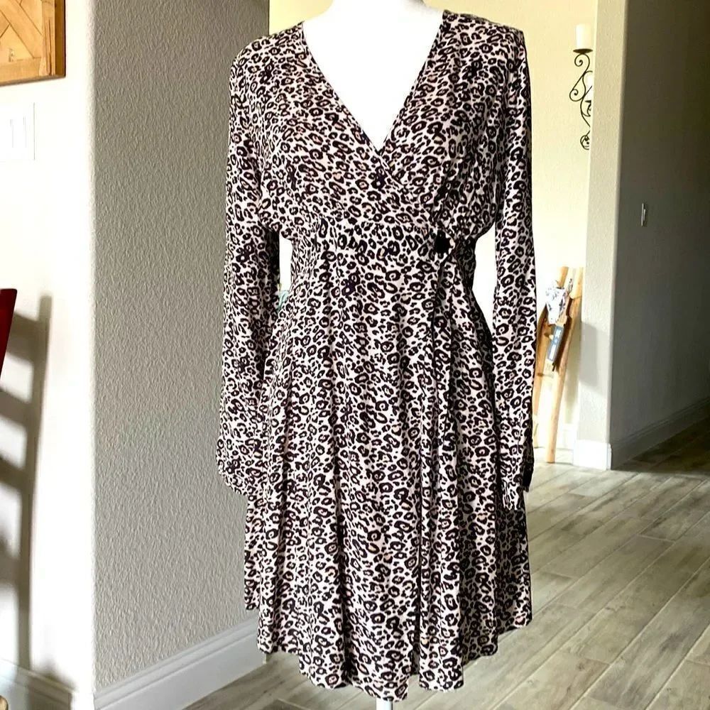 ASOS Leopard True Wrap Long Sleeve Mini Dress 4 V Neck Viscose Reptile